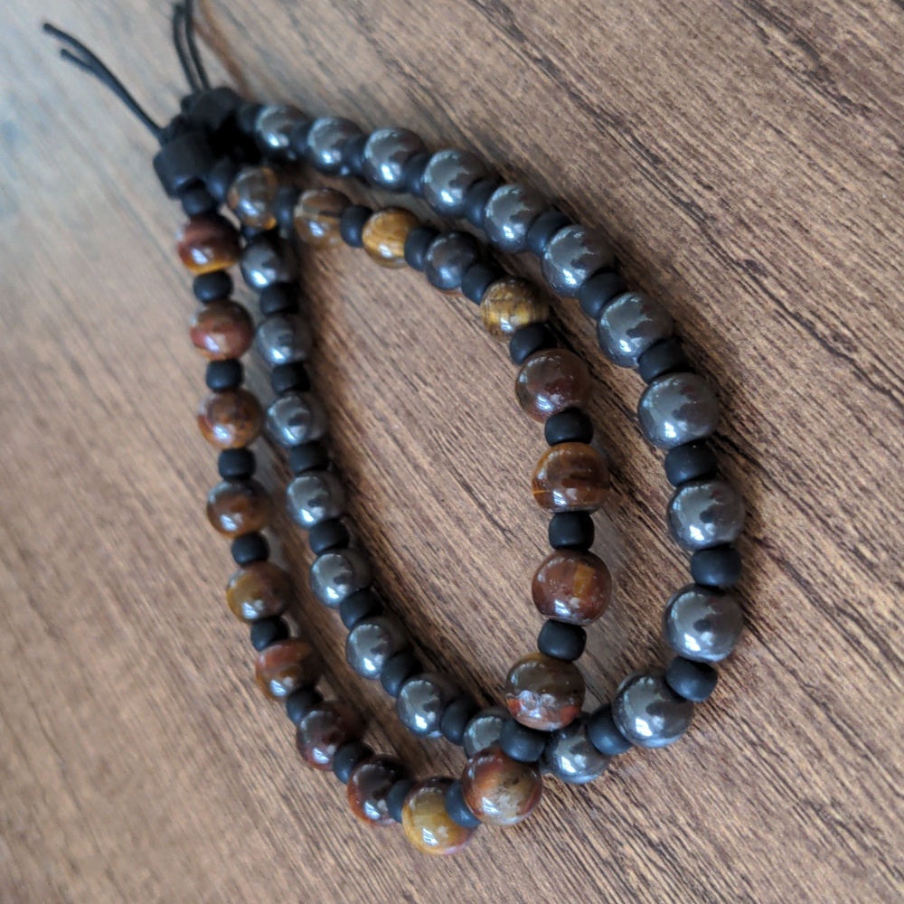 Hematite and tiger's eye gemstone beaded power bracelets
